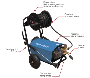 Nettoyeur HP eau froide 380V 21 l/min 150 bar total stop avec enrouleur de flexible 20m et lance turbo