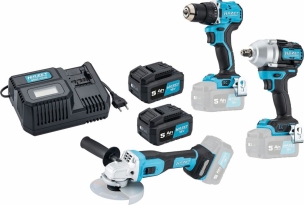 Pack perceuse visseuse, clé à chocs 1/2" et meuleuse d'angle 18V - 2 batteries 5Ah - 1 chargeur rapide