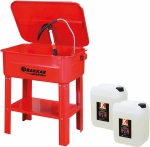 Lot fontaine de nettoyage métallique sur pied, solvant dégraissant et pinceau