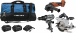 Pack 20V perceuse 50Nm/meuleuse 125mm/scie circulaire 165mm/2 batteries Li-ion 4Ah - sac de transport
