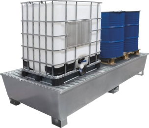 Bac de rétention 1000L avec caillebotis 100% acier - format XXL pour 2 IBC