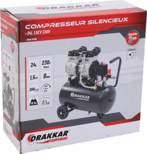 Compresseur silencieux 24L 8 bar 1,5CV 230V sans huile