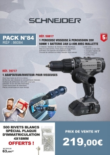 PN N°85 lot perceuse visseuse à percussion 20V 50Nm, adaptateur/riveteur pour visseuses et 2 lots de 250 rivets pétales