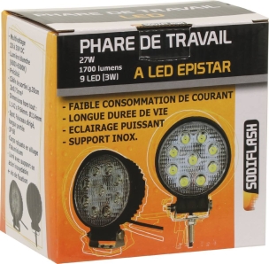 Phare de travail rond LED 10/32V 27W 1800 lumens faisceau longue portée