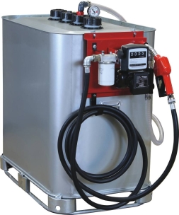 Cuve de stockage gasoil galvanisée 700L double paroi avec station à gasoil 230V 60 l/min et pistolet automatique/volucompteur/filtre