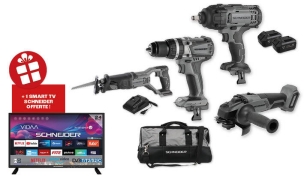 Pack 20V perceuse percu 60Nm-clé à chocs 1/2" 20V 650Nm-meuleuse 125mm-scie sabre-4 batteries Li-ion 4Ah - 1 Smart TV LED 24" HD OFFERTE