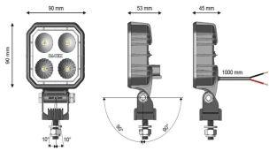 Phare de travail carré LED 10/30V 9W 1000 lumens/bleu/boîtier carbone