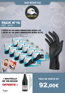 PN N° 16 lot de 5 boîtes de gants nitrile noir L, 5 boîtes de gants nitrile noir XL et 1 bouteille de rouge