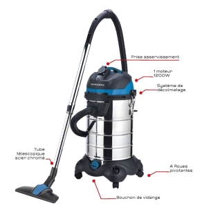 Aspirateur eau et poussière 30L 230V 1200W cuve inox/ prise électroportatif/ décolmatage/ souffleur