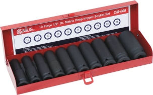 Douilles à chocs 1/2" longues de 11 à 24mm - coffret métallique de 10 pcs