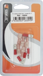 Cosse plate mâle et femelle isolée rouge 6,3x0,8mm - blister de 10 pcs