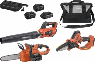 Pack 20V souffleur de jardin, élagueuse sur batterie - 10cm, tronçonneuse - 2 batteries Li-ion 4Ah - 1 batterie Li-ion 2Ah