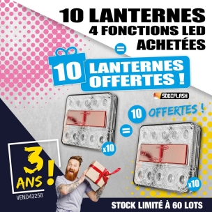 OPE VTEP - Lot de 20 feux arrières carrés LED 12V 4 fonctions cabochon transparent réf.17250 dont 10 offerts