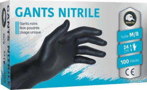 Gants jetables ambidextres nitrile 240mm noir T8 - Boîte de 100 pcs