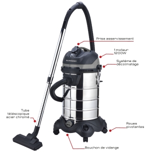 Aspirateur eau et poussière 30L 230V 1200W cuve inox/prise électroportatif/décolmatage/souffleur